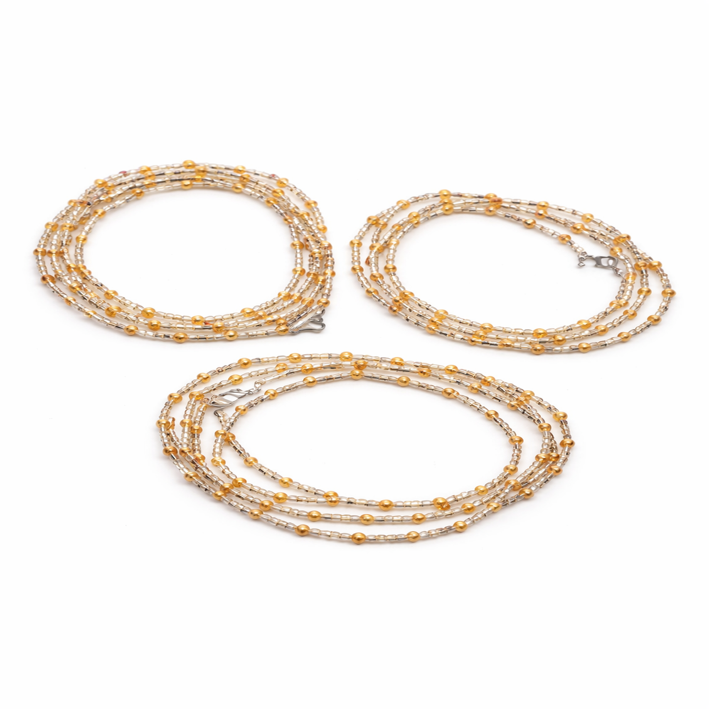 Handmade 3-Strand African Waist Beads – Adjustable | 42 Inches Each – Gold & Crystal