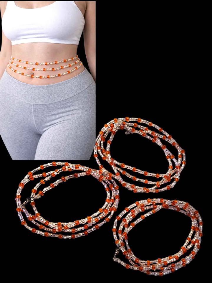 Handmade 3-Strand African Waist Beads – Adjustable | 44 Inches Each – Orange & Crystal