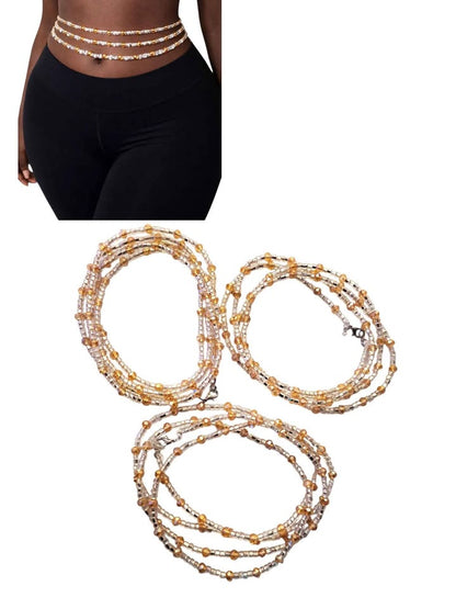 Handmade 3-Strand African Waist Beads – Adjustable | 42 Inches Each – Gold & Crystal