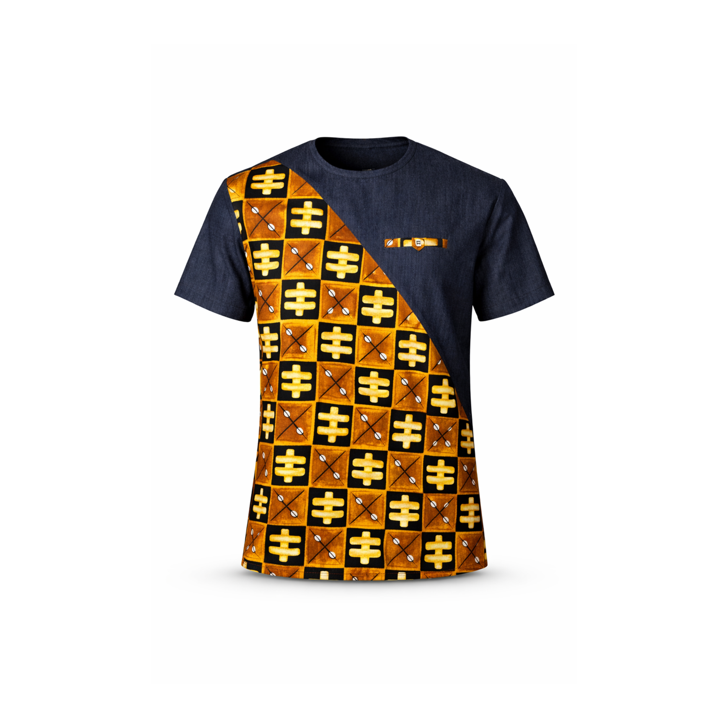Men’s Navy & Gold African Print Stretch Shirt – Diagonal Ankara Panel
