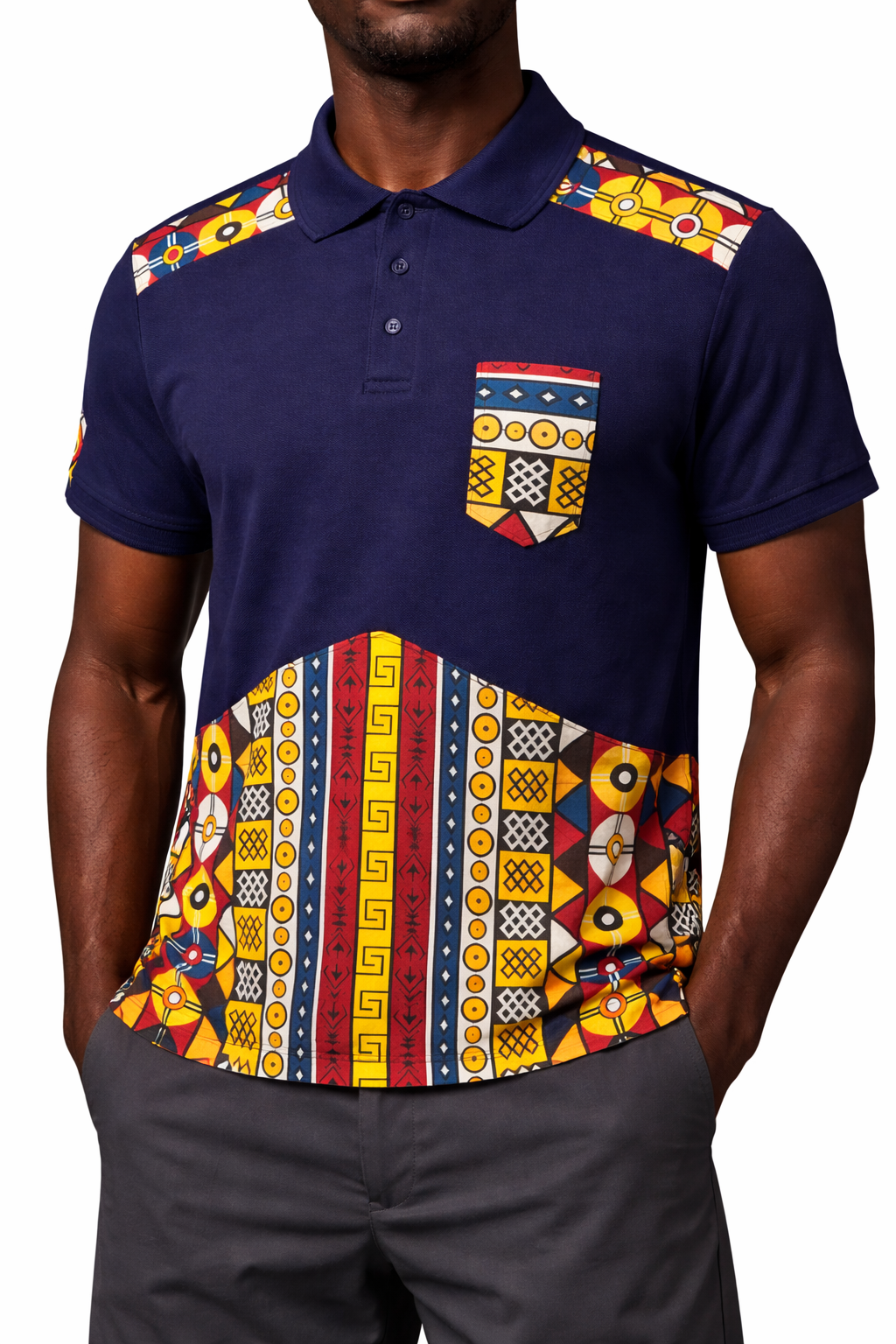 Men’s Navy Ankara Contrast Polo Shirt – African Print Shoulder & Hem Design