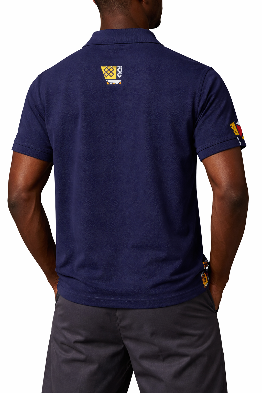 Men’s Navy Ankara Contrast Polo Shirt – African Print Shoulder & Hem Design