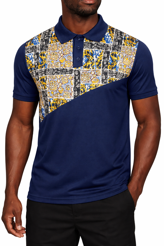 Men’s Navy African Print Polo Shirt – Modern Ankara Panel Design