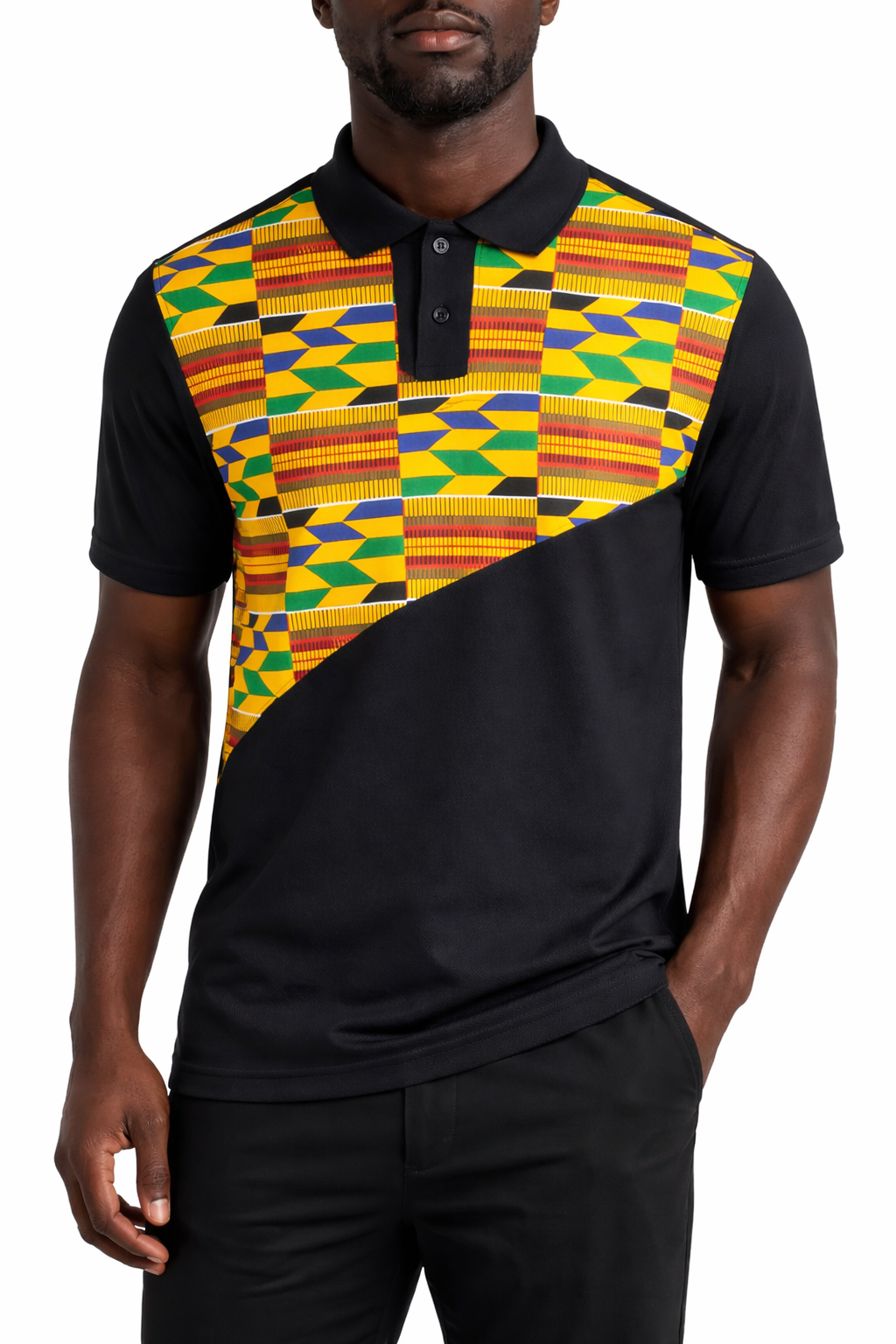 Black Kente Panel Polo Shirt – Men’s African Print Design