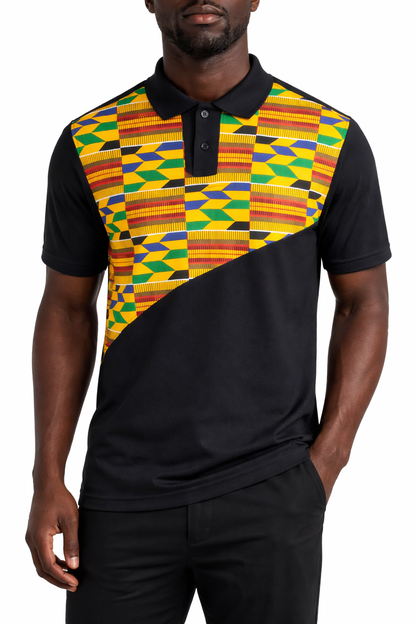 Black Kente Panel Polo Shirt – Men’s African Print Design