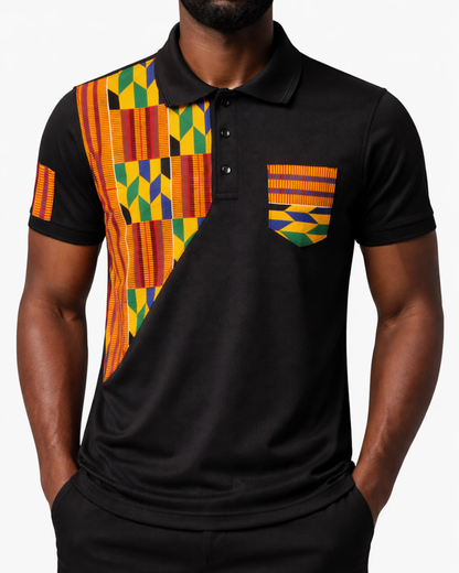 Men’s Black Kente Panel Polo Shirt