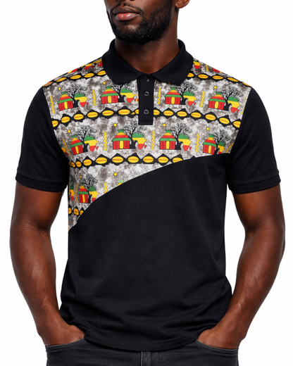 Men’s Black Heritage Print Polo Shirt — African Village Diagonal Design