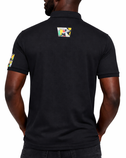Men’s Black Heritage Print Polo Shirt — African Village Diagonal Design