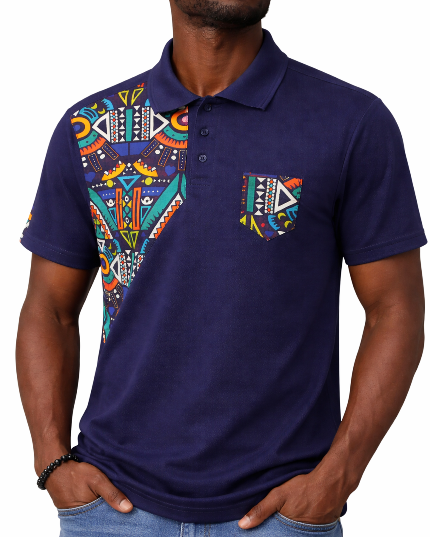 Men’s Navy Ankara Mask Panel Polo Shirt – Modern African Print Design