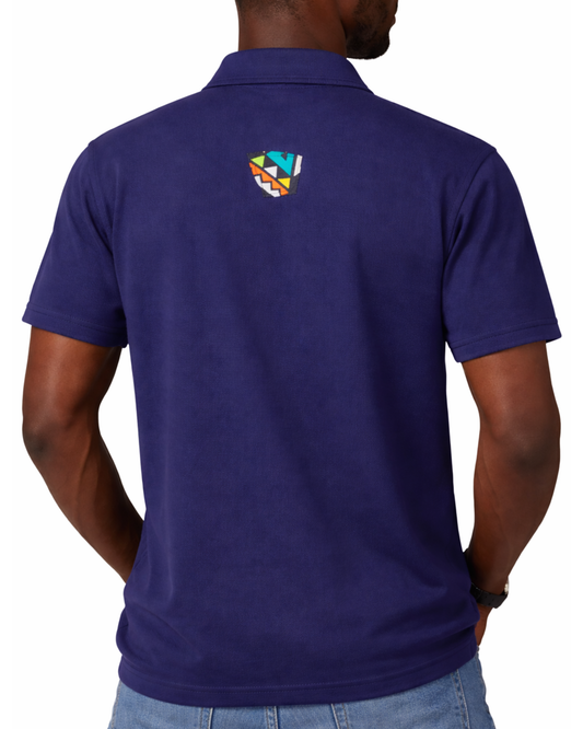 Men’s Navy Ankara Mask Panel Polo Shirt – Modern African Print Design