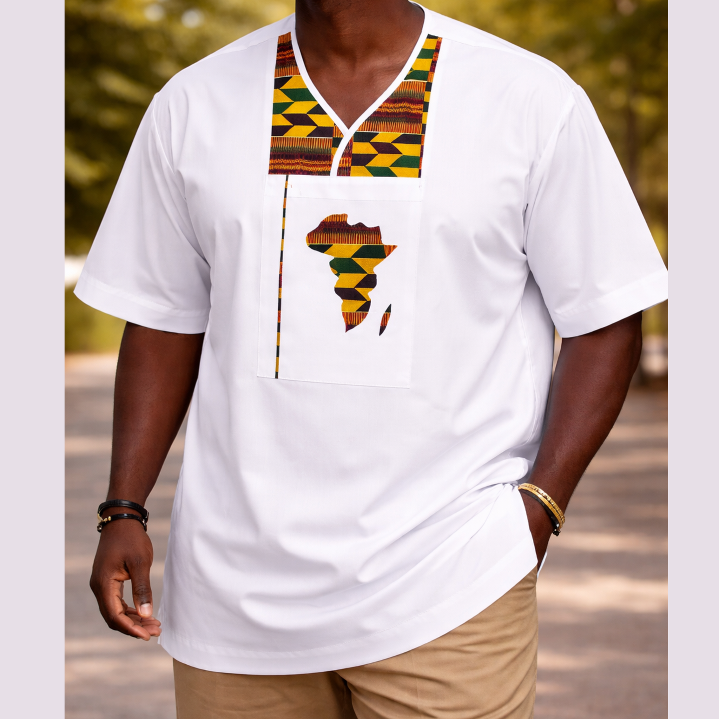 Men’s African Kente Panel Tunic – White Dashiki Style Shirt