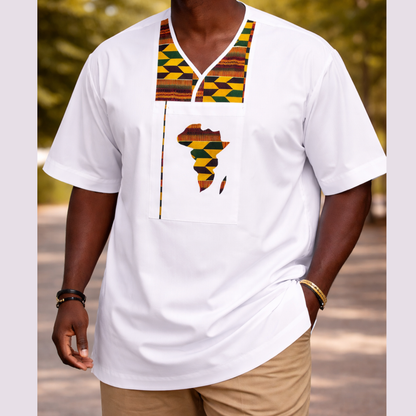 Men’s African Kente Panel Tunic – White Dashiki Style Shirt