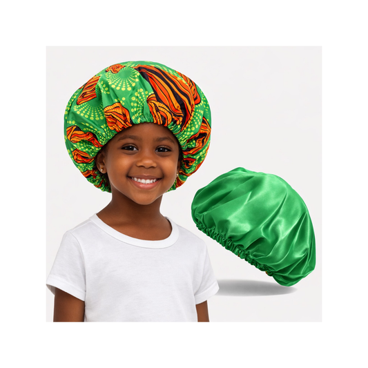 African Kids Satin Bonnet – Green Ankara Sleep Cap