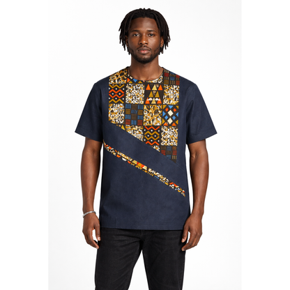 Men’s Navy African Print Stretch Shirt – Modern Ankara Panel