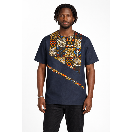 Men’s Navy African Print Stretch Shirt – Modern Ankara Panel
