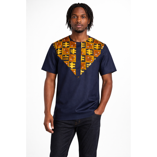 Men’s Navy African Print Stretch Shirt – Ankara Heritage Panel