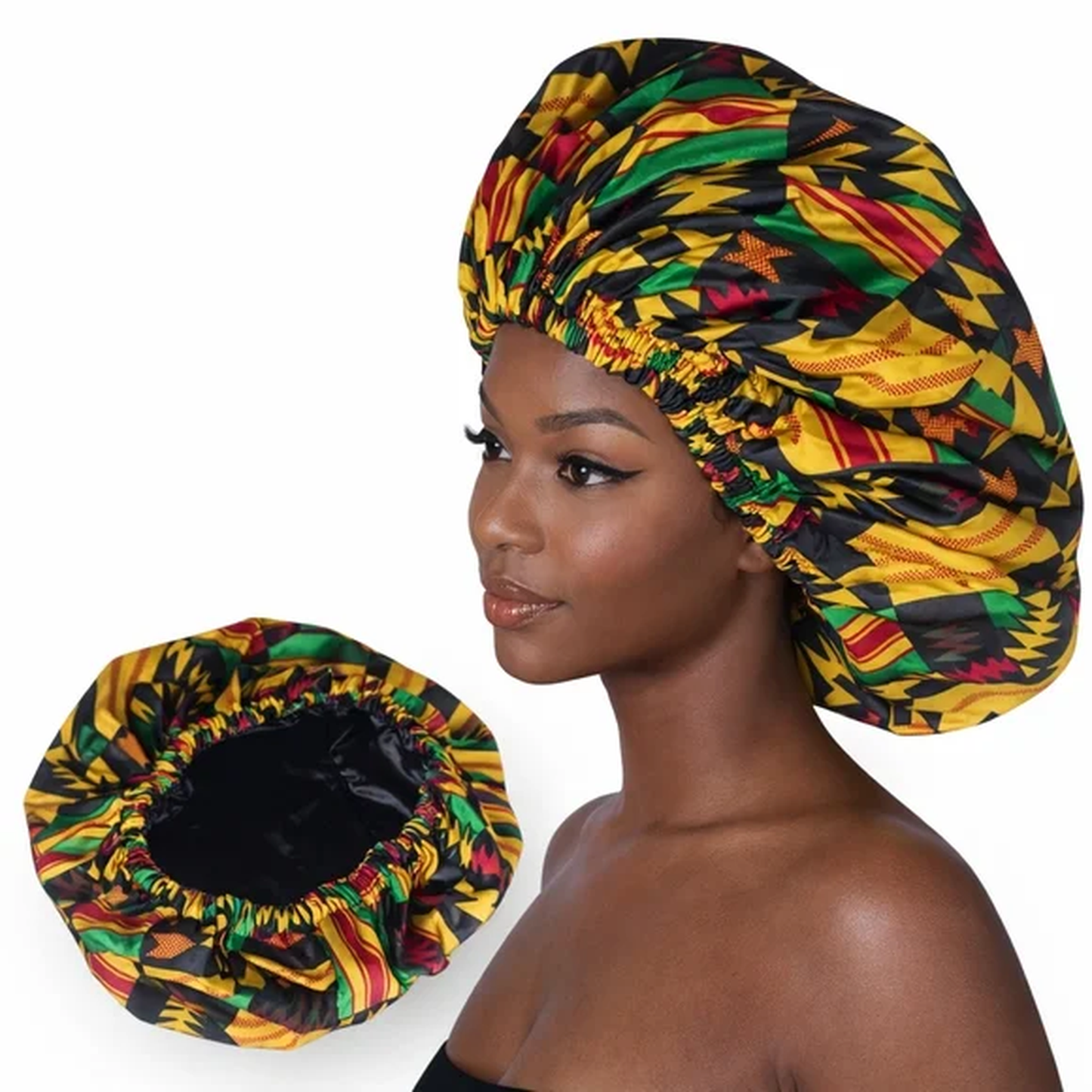 African Kente Print Satin Stretch Bonnet – Black Lined